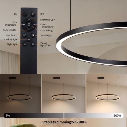 Brilagi - LED Stmívatelný lustr na lanku PORTOFINO LED/60W/230V 3000-6000K pr. 80 cm černá + dálkové ovládání