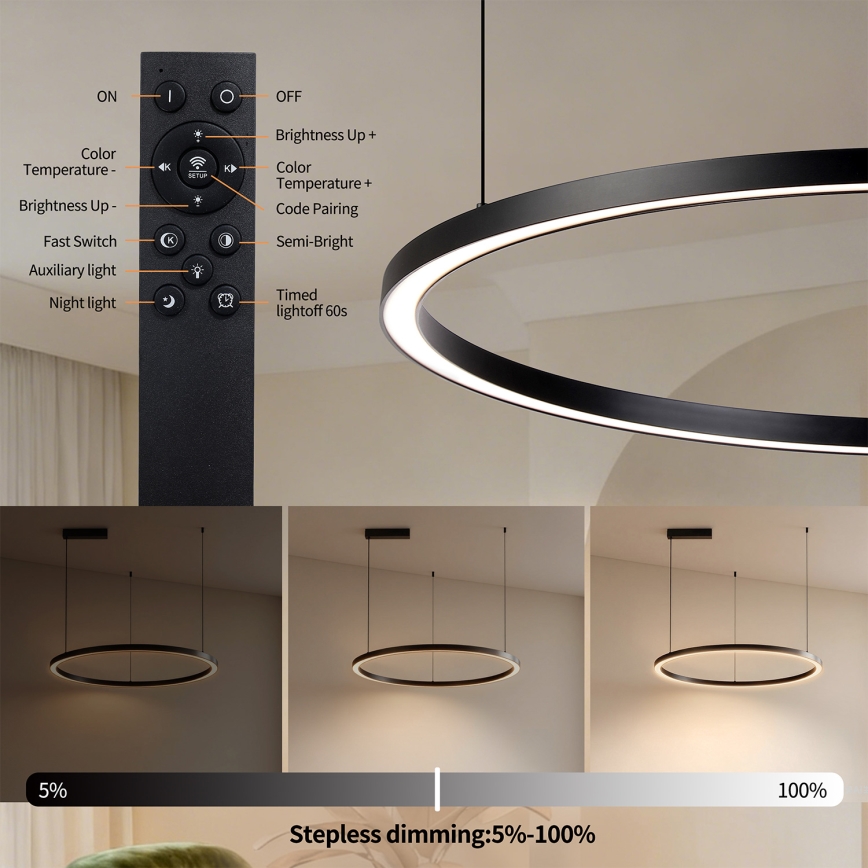 Brilagi - LED Stmívatelný lustr na lanku PORTOFINO LED/60W/230V 3000-6000K pr. 80 cm černá + dálkové ovládání