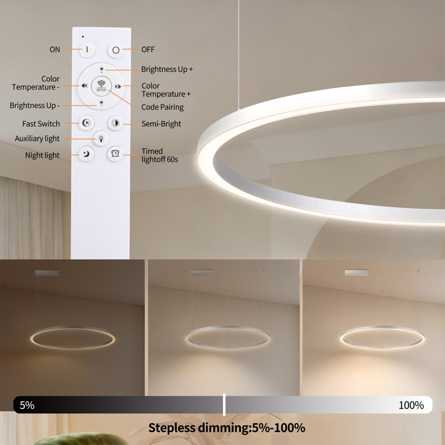 Brilagi - LED Stmívatelný lustr na lanku PORTOFINO LED/60W/230V 3000-6000K pr. 80 cm stříbrná + dálkové ovládání
