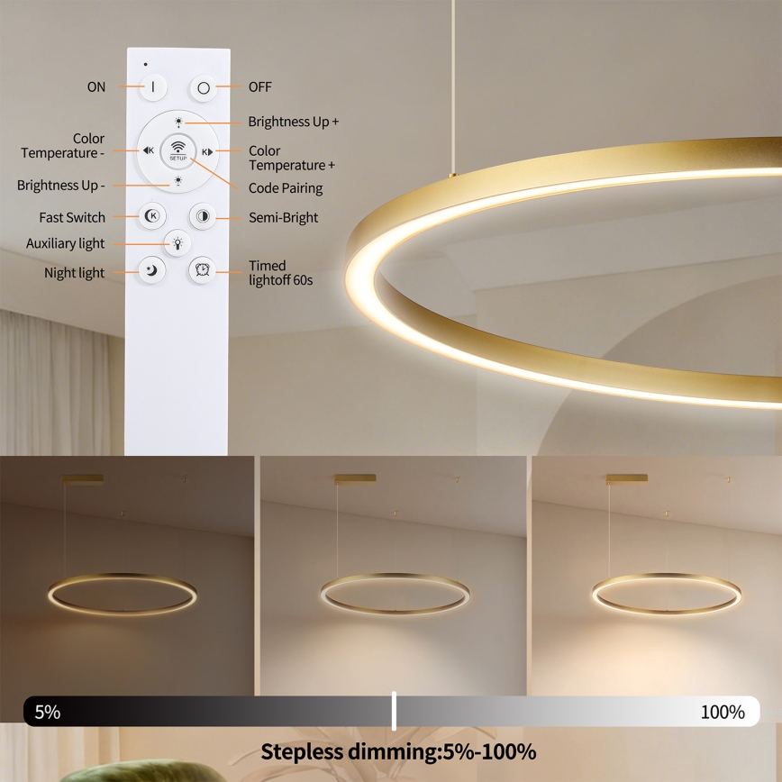 Brilagi - LED Stmívatelný lustr na lanku PORTOFINO LED/60W/230V 3000-6000K pr. 80 cm zlatá + dálkové ovládání