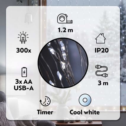 BRILAGI - LED Vánoční závěs 300xLED/8 funkcí/3xAA/USB 1,2m studená bílá