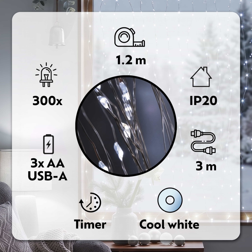BRILAGI - LED Vánoční závěs 300xLED/8 funkcí/3xAA/USB 1,2m studená bílá