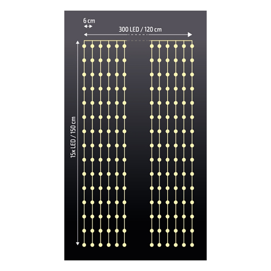 Brilagi - LED Vánoční závěs 300xLED/8 funkcí/3xAA/USB 1,2m teplá bílá