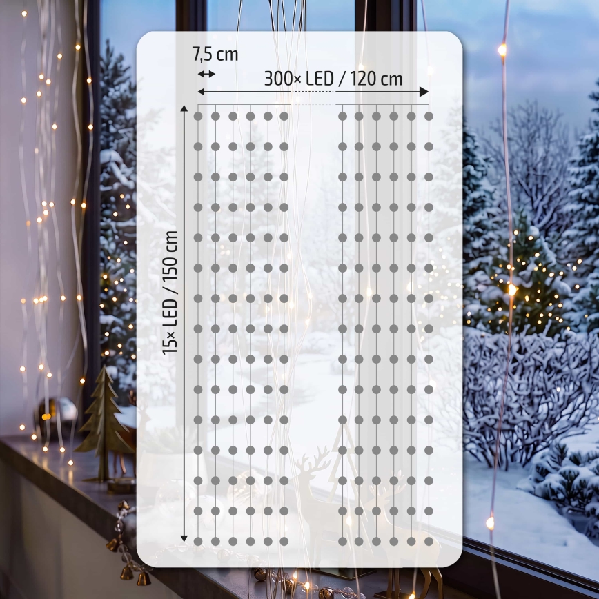 BRILAGI - LED Vánoční závěs 300xLED/8 funkcí/3xAA/USB 1,2m teplá bílá