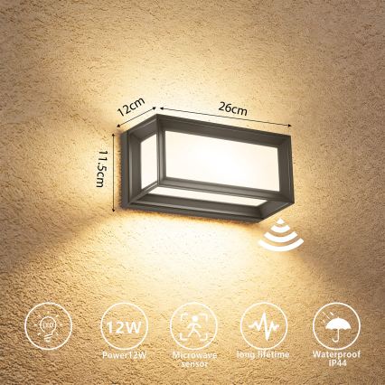 Brilagi - LED Venkovní nástěnné svítidlo se senzorem PARKER LED/12W/230V antracit IP44