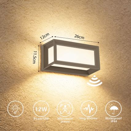 Brilagi - LED Venkovní nástěnné svítidlo se senzorem PARKER LED/12W/230V šedá IP44