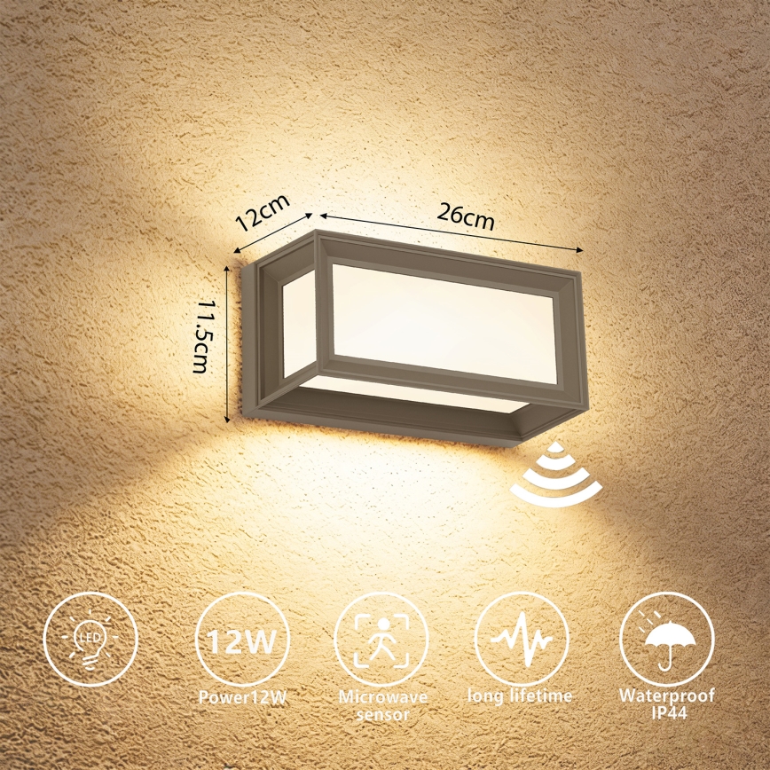 Brilagi - LED Venkovní nástěnné svítidlo se senzorem PARKER LED/12W/230V šedá IP44