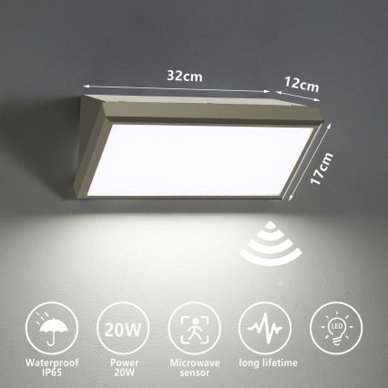 Brilagi - LED Venkovní nástěnné svítidlo se senzorem TRIANGLE LED/20W/230V šedá IP65