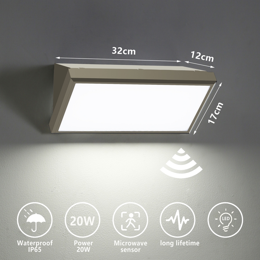Brilagi - LED Venkovní nástěnné svítidlo se senzorem TRIANGLE LED/20W/230V šedá IP65