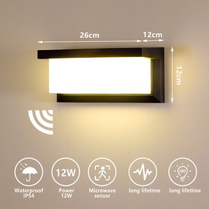 Brilagi - LED Venkovní nástěnné svítidlo se senzorem BRICKY LED/12W/230V černá IP54