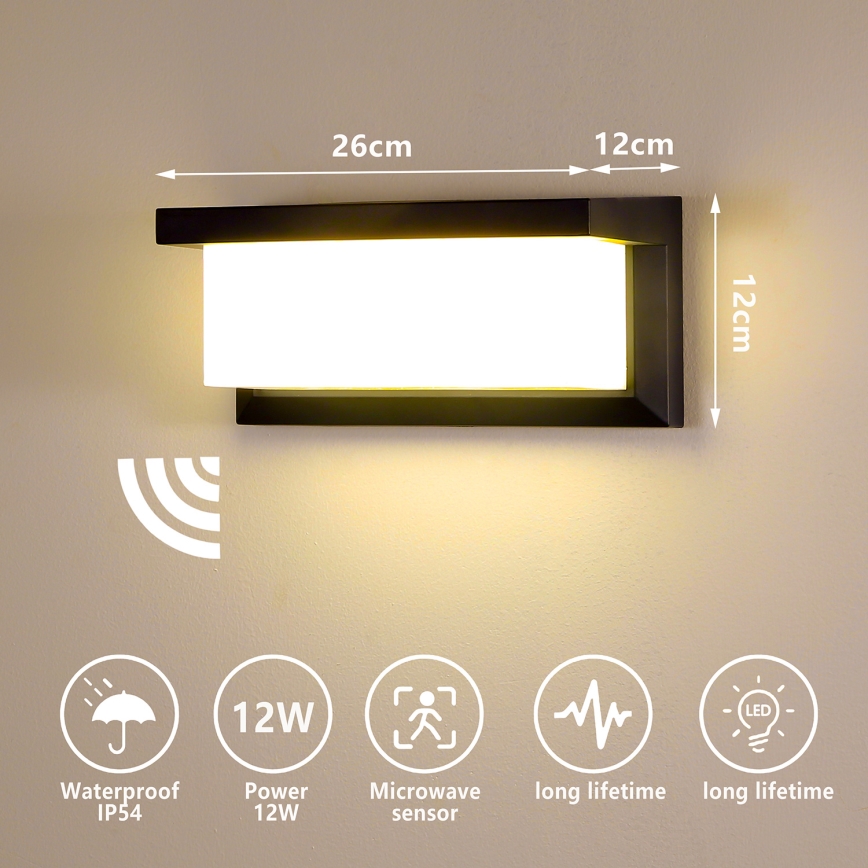 Brilagi - LED Venkovní nástěnné svítidlo se senzorem BRICKY LED/12W/230V černá IP54