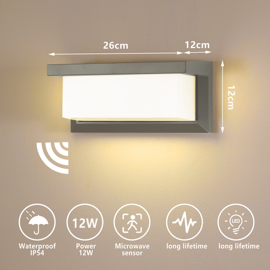 Brilagi - LED Venkovní nástěnné svítidlo se senzorem BRICKY LED/12W/230V šedá IP54