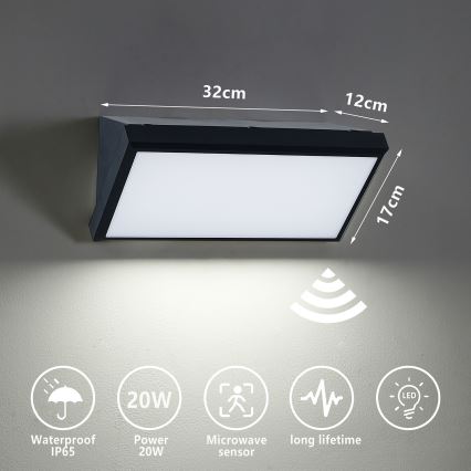 Brilagi - LED Venkovní nástěnné svítidlo se senzorem TRIANGLE LED/20W/230V černá IP65