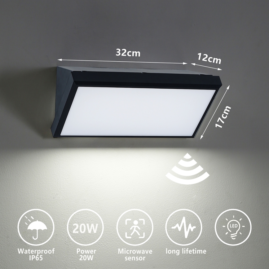 Brilagi - LED Venkovní nástěnné svítidlo se senzorem TRIANGLE LED/20W/230V černá IP65