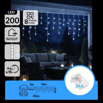 BRILAGI - LED Venkovní vánoční řetěz 200xLED/3xAA/8 funkcí 13x0,6m IP44 studená bílá