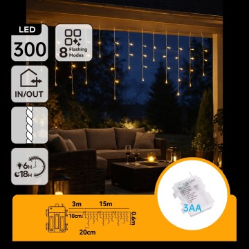 BRILAGI - LED Venkovní vánoční řetěz 300xLED/3xAA/8 funkcí 18x0,6m IP44 teplá bílá