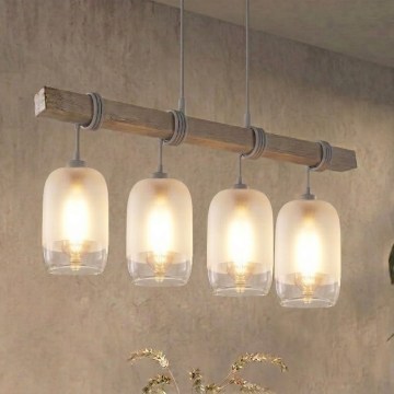 BRILAGI - Lustr na lanku WOOD GLASS 4xE27/60W/230V borovice/šedá/bílá