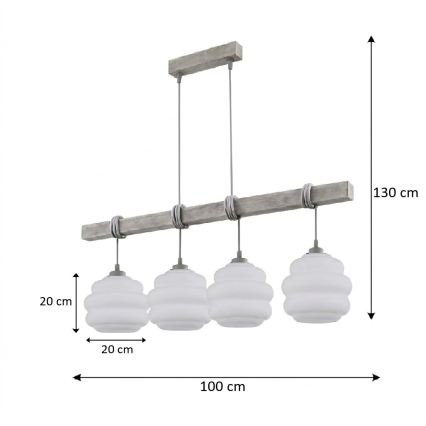 BRILAGI - Lustr na lanku WOOD GLASS 4xE27/60W/230V borovice/šedá/bílá