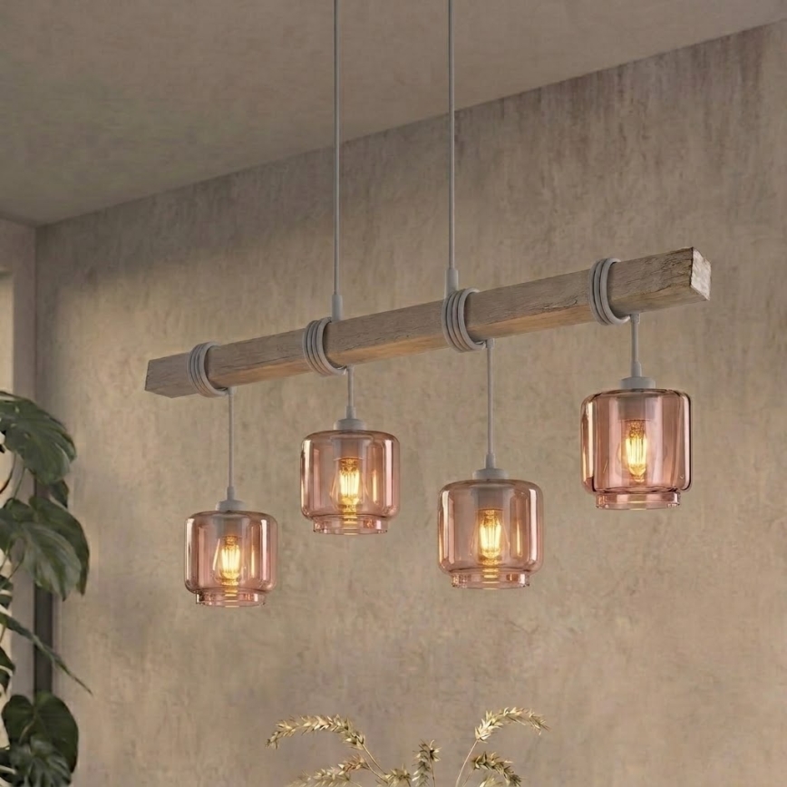 BRILAGI - Lustr na lanku WOOD GLASS 4xE27/60W/230V borovice/šedá/kouřová béžová