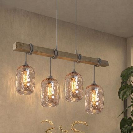 BRILAGI - Lustr na lanku WOOD GLASS 4xE27/60W/230V borovice/šedá/kouřová hnědá