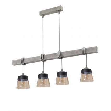 BRILAGI - Lustr na lanku WOOD GLASS 4xE27/60W/230V borovice/šedá/kouřová hnědá