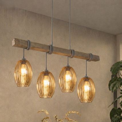BRILAGI - Lustr na lanku WOOD GLASS 4xE27/60W/230V borovice/šedá/kouřová hnědá