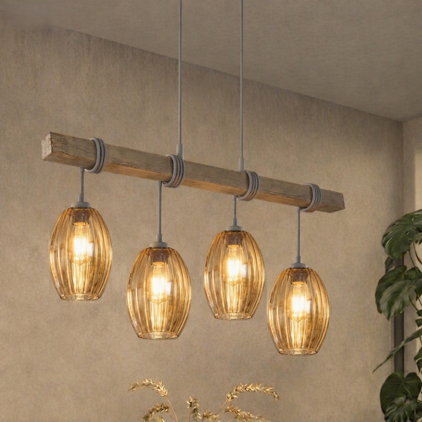 BRILAGI - Lustr na lanku WOOD GLASS 4xE27/60W/230V borovice/šedá/kouřová hnědá