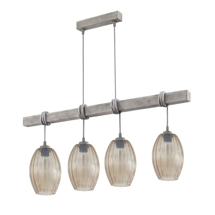 BRILAGI - Lustr na lanku WOOD GLASS 4xE27/60W/230V borovice/šedá/kouřová hnědá