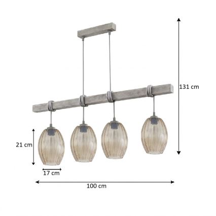 BRILAGI - Lustr na lanku WOOD GLASS 4xE27/60W/230V borovice/šedá/kouřová hnědá
