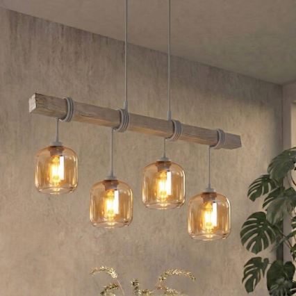 BRILAGI - Lustr na lanku WOOD GLASS 4xE27/60W/230V borovice/šedá/kouřová hnědá