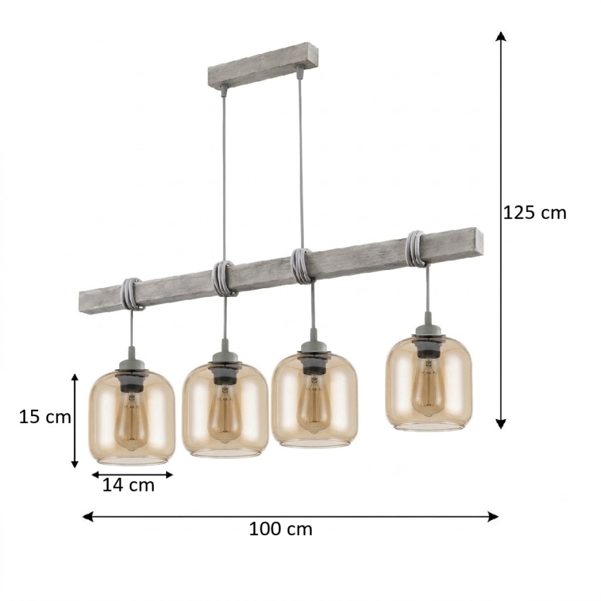 BRILAGI - Lustr na lanku WOOD GLASS 4xE27/60W/230V borovice/šedá/kouřová hnědá