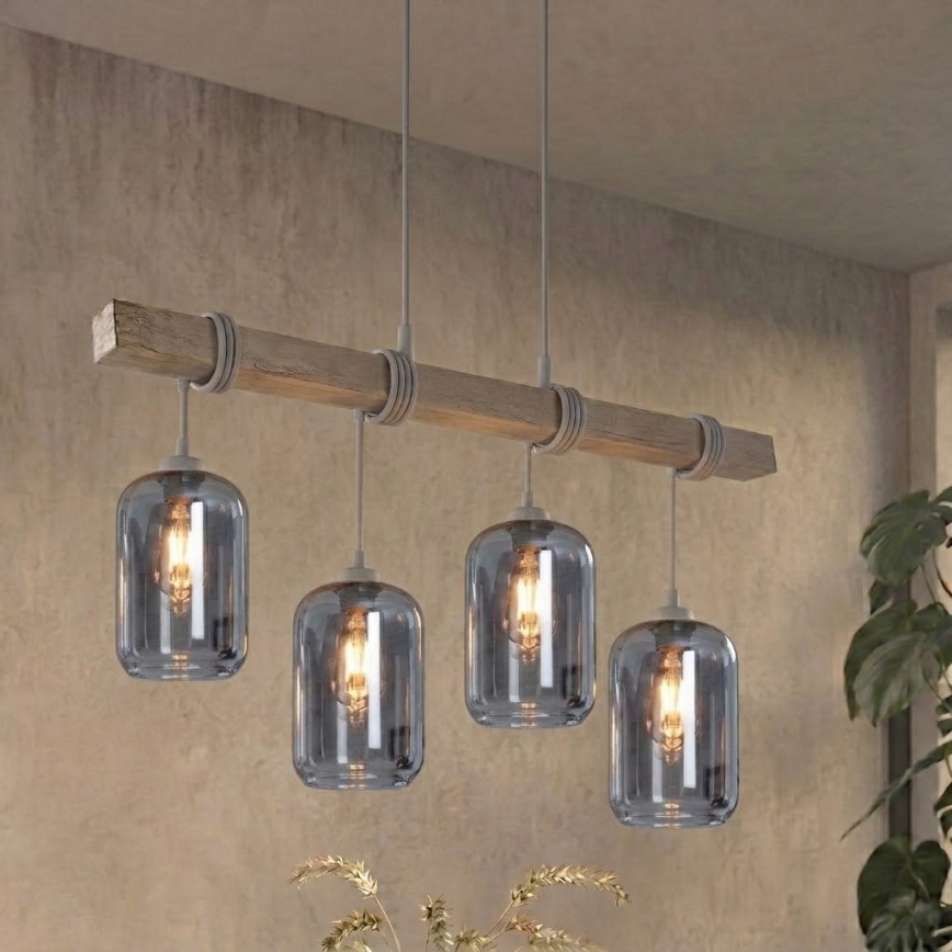 BRILAGI - Lustr na lanku WOOD GLASS 4xE27/60W/230V borovice/šedá/kouřová šedá