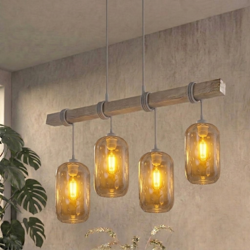 BRILAGI - Lustr na lanku WOOD GLASS 4xE27/60W/230V borovice/šedá/kouřová šedá