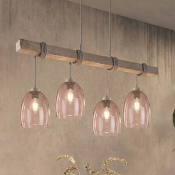 BRILAGI - Lustr na lanku WOOD GLASS 4xE27/60W/230V borovice/šedá/kouřová béžová