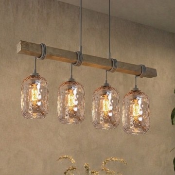 BRILAGI - Lustr na lanku WOOD GLASS 4xE27/60W/230V borovice/šedá/kouřová hnědá
