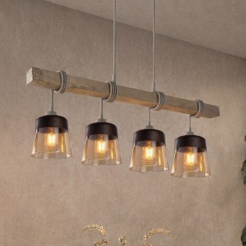 BRILAGI - Lustr na lanku WOOD GLASS 4xE27/60W/230V borovice/šedá/kouřová hnědá
