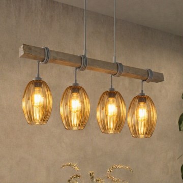BRILAGI - Lustr na lanku WOOD GLASS 4xE27/60W/230V borovice/šedá/kouřová hnědá