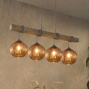 BRILAGI - Lustr na lanku WOOD GLASS 4xE27/60W/230V borovice/šedá/kouřová hnědá