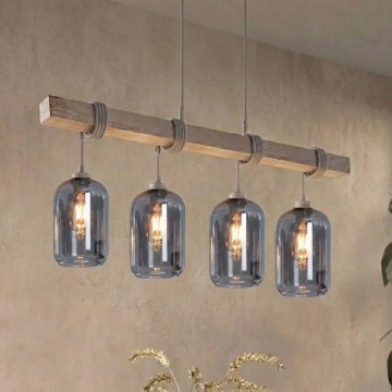 BRILAGI - Lustr na lanku WOOD GLASS 4xE27/60W/230V borovice/šedá/kouřová šedá