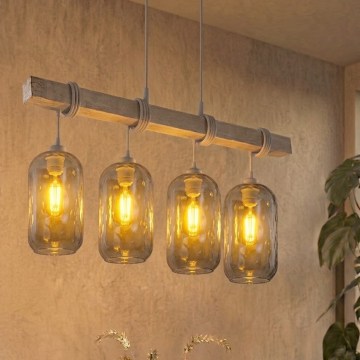 BRILAGI - Lustr na lanku WOOD GLASS 4xE27/60W/230V borovice/šedá/kouřová šedá