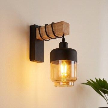 Brilagi - Nástěnné svítidlo WOOD GLASS 1xE27/60W/230V borovice/černá/kouřová hnědá