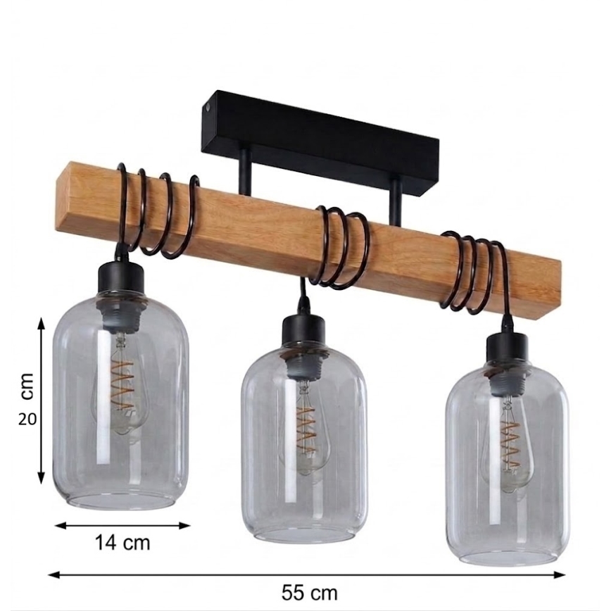 Brilagi - Přisazený lustr WOOD GLASS 3xE27/60W/230V borovice/černá/kouřová šedá