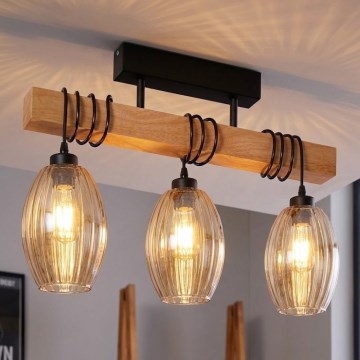 Brilagi - Přisazený lustr WOOD GLASS 3xE27/60W/230V borovice/černá/kouřová béžová