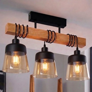 Brilagi - Přisazený lustr WOOD GLASS 3xE27/60W/230V borovice/černá/kouřová hnědá