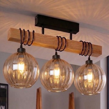 Brilagi - Přisazený lustr WOOD GLASS 3xE27/60W/230V borovice/černá/kouřová hnědá