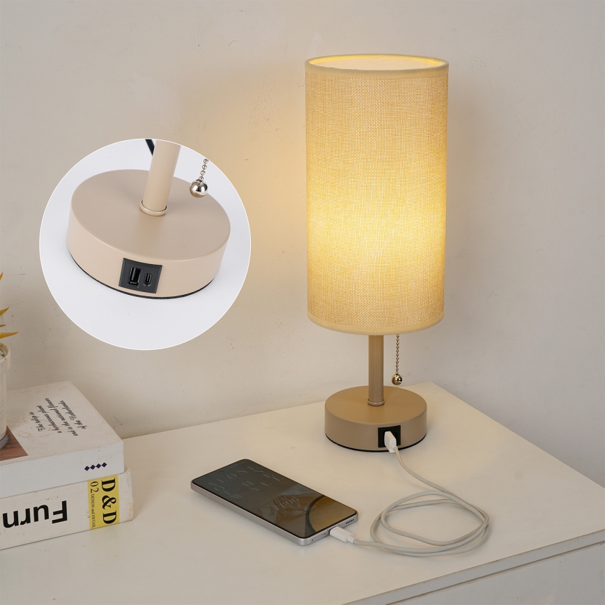 Brilagi - Stolní lampa s USB portem TABLON 1xE27/25W/230V béžová