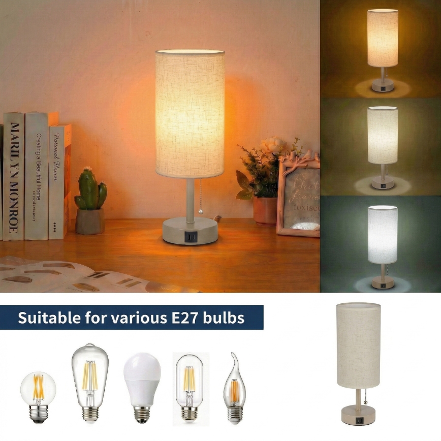 Brilagi - Stolní lampa s USB portem TABLON 1xE27/25W/230V béžová/krémová