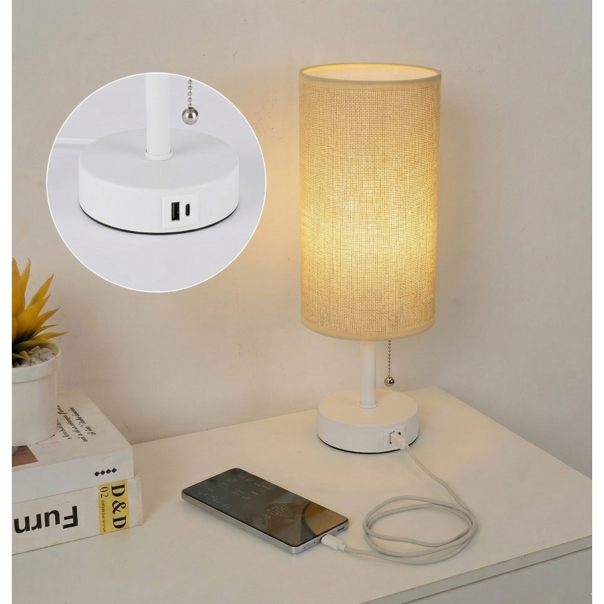 Brilagi - Stolní lampa s USB portem TABLON 1xE27/25W/230V bílá/béžová