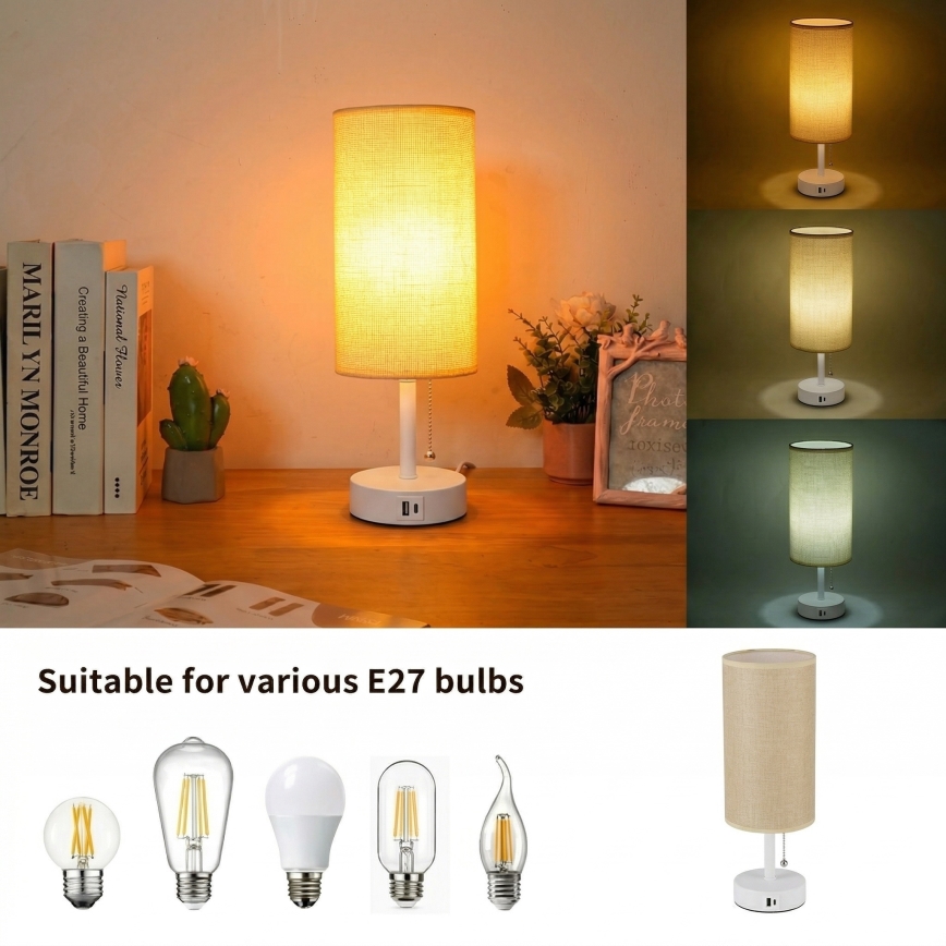 Brilagi - Stolní lampa s USB portem TABLON 1xE27/25W/230V bílá/béžová