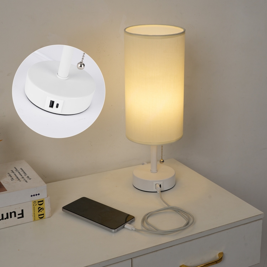Brilagi - Stolní lampa s USB portem TABLON 1xE27/25W/230V bílá/krémová